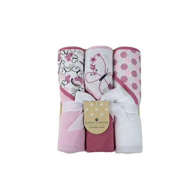 Cudlie Buttons Stitches Baby Girl 3 Pack Rolled Carded Hooded Towels in Butterfly Polka Print Walmart Business Supplies