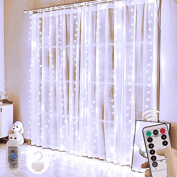 3 Pack 8 Modes Curtain Lights,Waterproof 900 LED Twinkle Light Curtains,USB Christmas Curtain Lights for Bedroom Party Wedding Wall,Cool White,9.9 x 9.9 ft