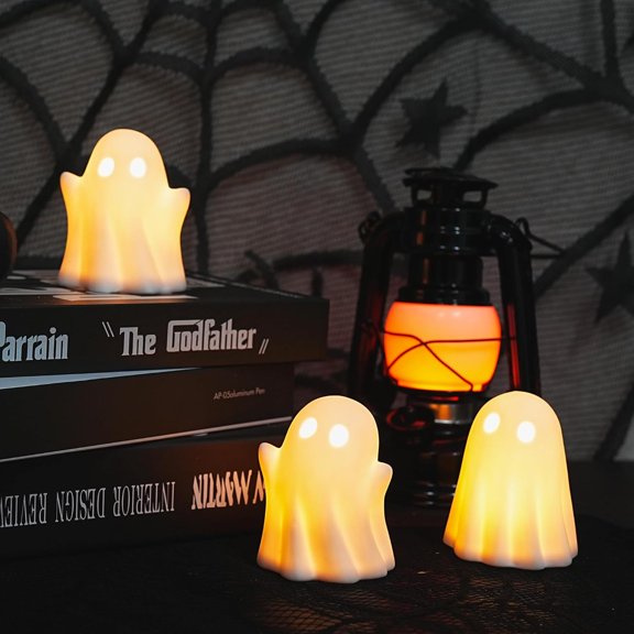 3 Pack Cute Ghost Light Up Halloween Decor, LED White Ceramic Spooky Flameless Lanterns Decorative Light Fall Halloween Party Decoration for Home Bedroom Room Table Shelf