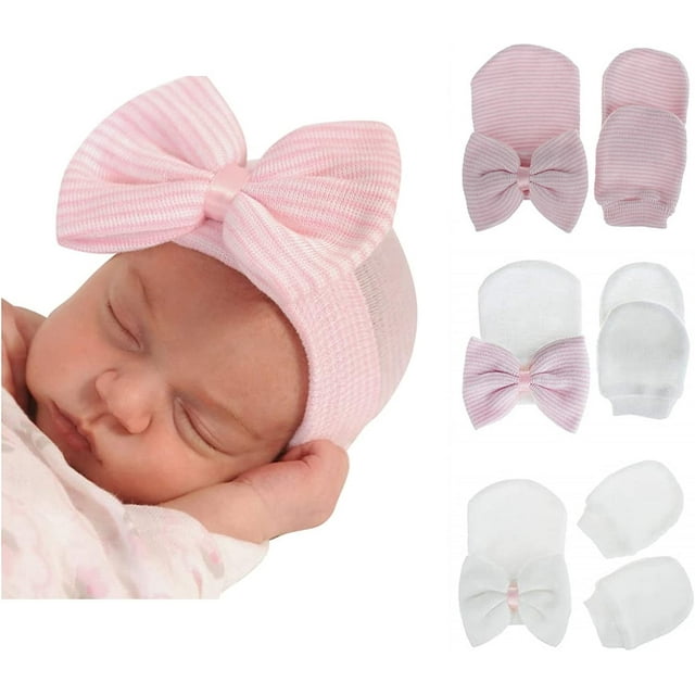 3 Pack Cute Newborn Baby Hat and Mittens Set for Baby Girls Boys Soft
