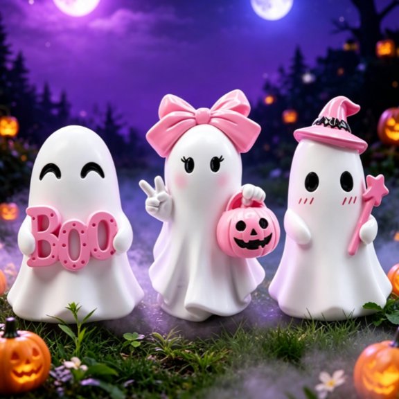 3 Pack Cute Pink Ghost Halloween Statues, Hand Painted Resin Desktop Decorations, Cute Ghost Ornaments for Mantel, Desk, Halloween Party