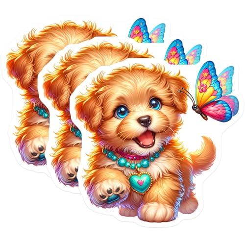 (3 Pack) Cute Puppy Dog Decals - Butterfly Friend- Laptop Decal - 3 Inches On Longest Side - Easy Peel & Apply - Made in USA - 3MCS8366