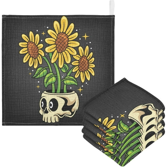 3 Pack Cute Vintage Sunflower Skull Baby Muslin Wash cloths, Soft Absorbent Face Towels Burp Cloths Cotton Bath Wipes Infant Wash Cloth for Newborn Boys Girls