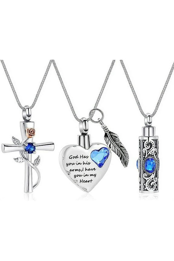 3 Pack Cylinder Cross Heart Cremation Jewelry for Ashes 3 Pieces Urn Necklace for Women Men Loved One Keepsake Memorial Mini Urn Holder
