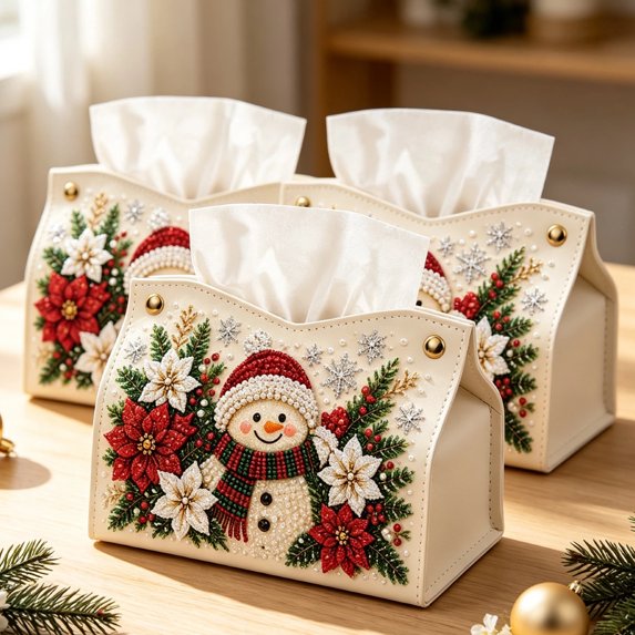 3‑Pack DIY Rhinestone Diamond Painting Tissue Box Cover, Christmas Pearl Art Craft Kit for Beginners, PU Leather Desktop Tissue Holder, Handmade Tabletop Home Ornament