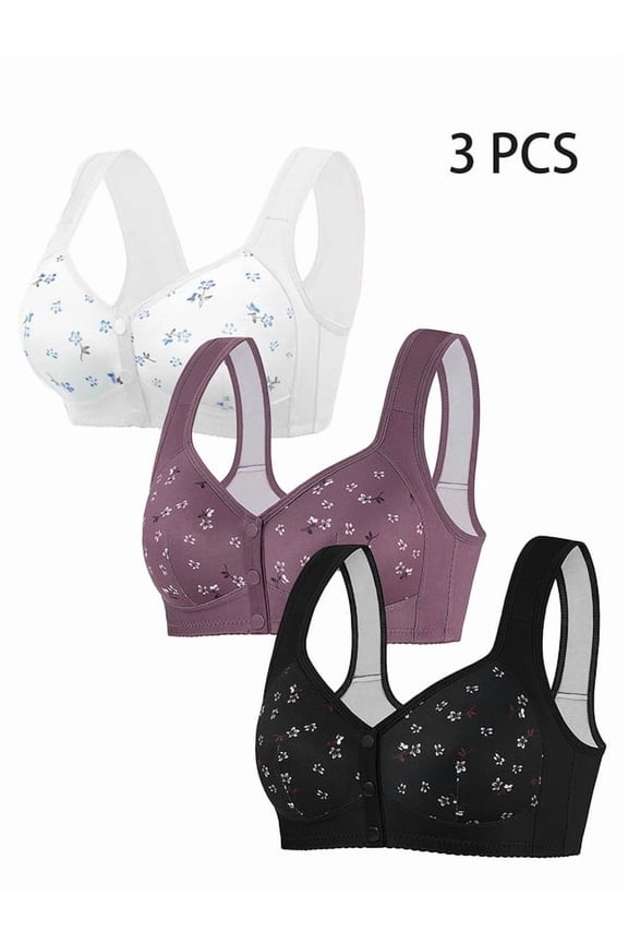 3 Pack Daisy Bras For Older Women Plus Size No Underwire Full Coverage Breathable Cotton Bra Front Closure Padded Bralettes