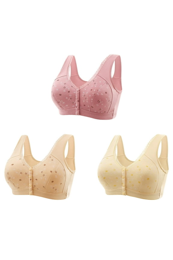 3 Pack Daisy Bras for Older Women 2024 Front Closure Bras Comfy Everyday Sleep Bras Lace Adjustable Shoulder Strap Bra No Wire
