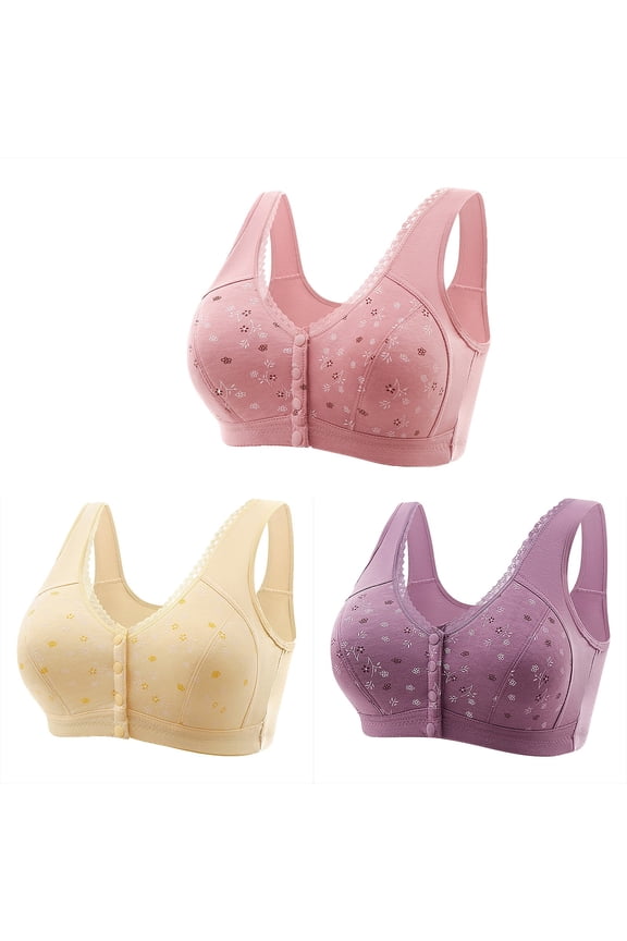 3 Pack Daisy Bras for Older Women 2024 Front Closure Bras Comfy Everyday Sleep Bras Lace Adjustable Shoulder Strap Bra No Wire