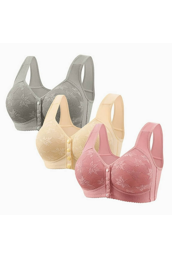 3 Pack Daisy Bras for Older Women No Underwire Front Closure Push Up Bra Soft Maple Leaf Print Everyday Sleep Bralettes