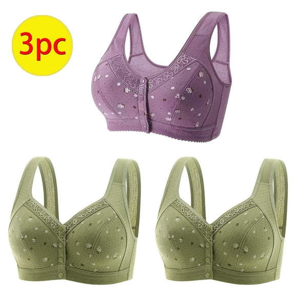 3 Pack Daisy Bras for Women, Cozy Seamless Everyday Bra, Cotton Front Button Snap Daily Bras Floral Easy Close Full Figure Bra