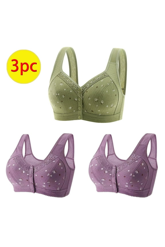 3 Pack Daisy Bras for Women, Cozy Seamless Everyday Bra, Cotton Front Button Snap Daily Bras Floral Easy Close Full Figure Bra