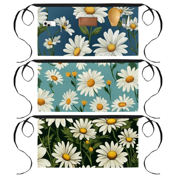 3 Pack Daisy Server Waist Aprons, Waitress Kitchen Restaurant Half Apron for Men Women with 3 Pockets