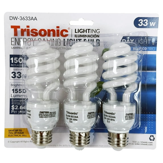 3 Pack Daylight Bulb Light 33 W Energy 150 Watt Output White Compact Fluorescent