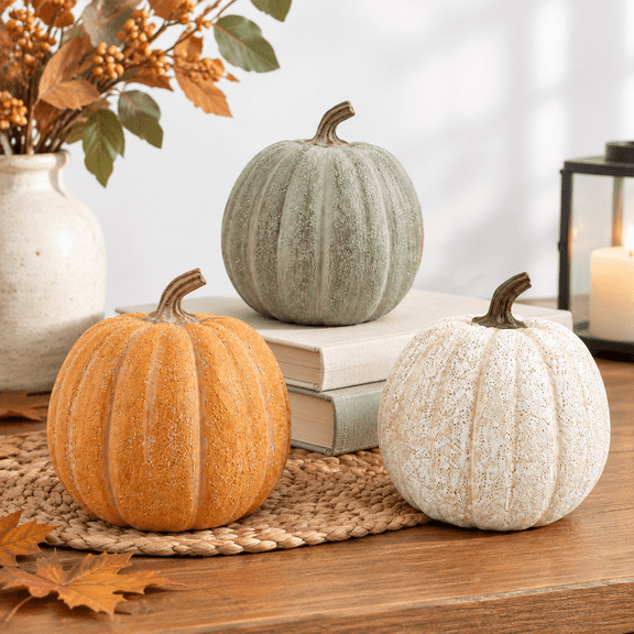 3-Pack Decorative Fall Pumpkin Figurines, Orange Green Cream, Tabletop Home Decor