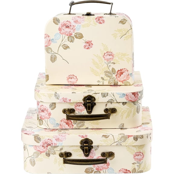 3 Pack Decorative Paperboard Storage Suitcase Boxes with Lids, Photo & Gift Organizer Containers for Wedding Birthday Anniversary Home Decor, Light Yellow