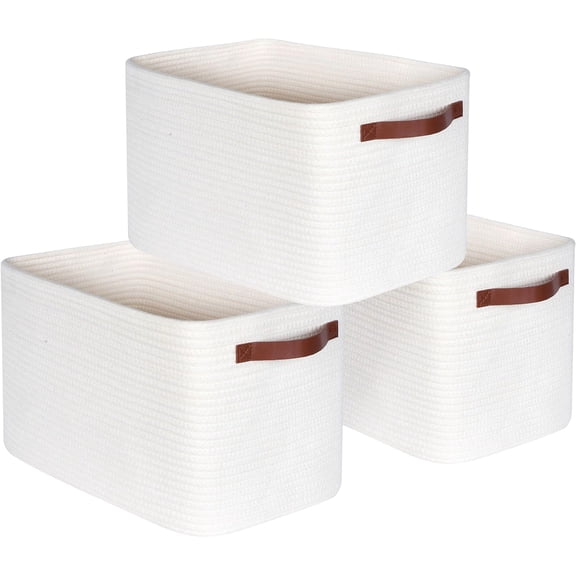 3-Pack Decorative Woven Storage Baskets for Shelves, Cube Bin Box for Organizing Books, Shoes, Dog Toys, Pantry Closet and Living Room Organizer, Creamy White