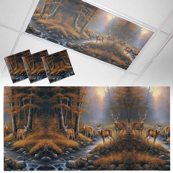 3 Pack Deer in Fluorescent Light Covers for Ceiling Lights the Forest Brown Trees with Creek Magnetic Ceiling Light Covers Overhead Light Filters for Office Classroom Home