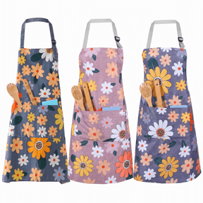 3 Pack Delicate Floral Design Waterproof Kitchen Cooking Aprons with Large Pocket, Polyester-Cotton Blend for Baking Gift Giving