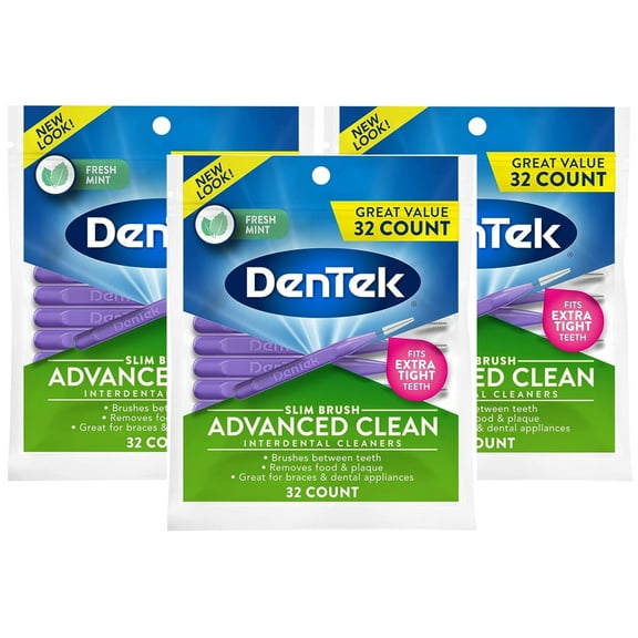 DenTek Slim Brush Advanced Clean Interdental Cleaners, Tight, Fresh Mint, 32 Count - 3 Pack
