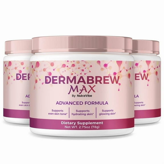 (3 Pack) DermaBrew Max Powder Daily Skin Formula with a Clean, Natural Blend | Supports Hydration, Texture & a Radiant-Looking Glow from Within (90 Servings)