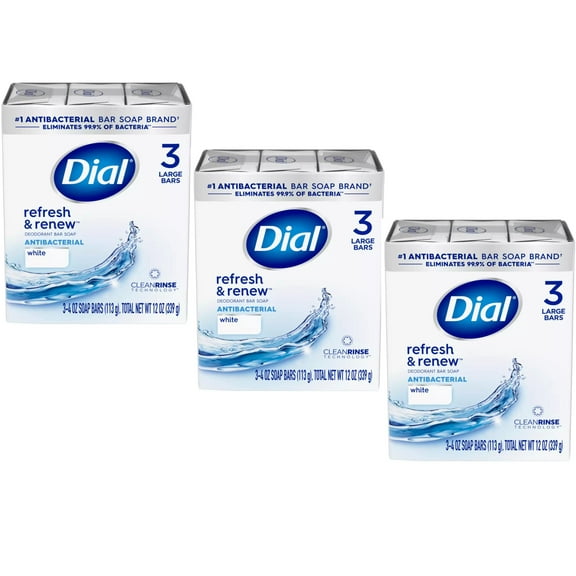 3 Pack - Dial Antibacterial Bar Soap, Refresh & Renew, White, 3 - 4 OZ Soap Bars