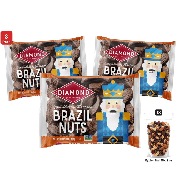 3 Pack | Diamond of California In-Shell Brazil Nuts, 1 Bag, 16 oz, with Bybies Trail Mix, 2 oz