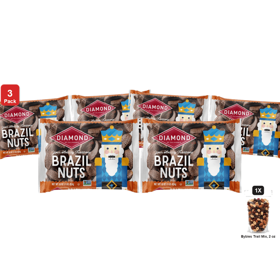 3 Pack | Diamond of California In-Shell Brazil Nuts, 2 Bags x 16 oz Each, with Bybies Trail Mix, 2 oz