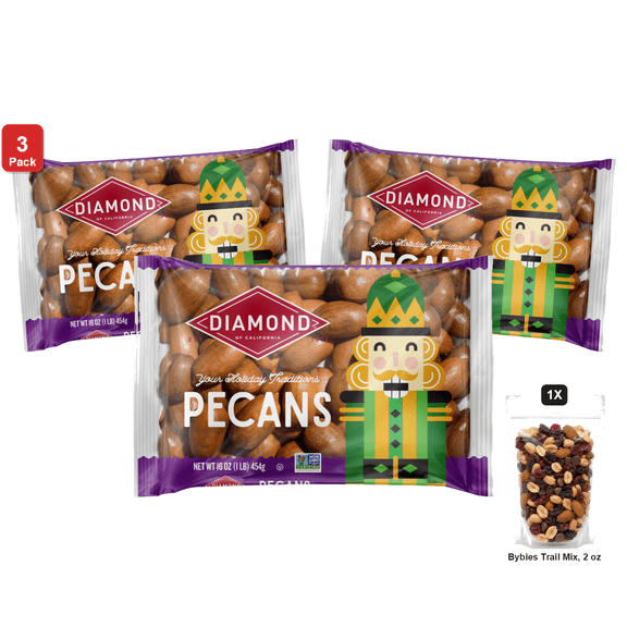 3 Pack | Diamond of California In-Shell Extra-Large Pecans, 1 Bag, 16 oz, with Bybies Trail Mix, 2 oz