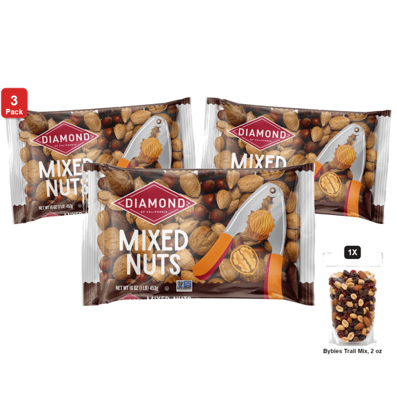 3 Pack | Diamond of California In-Shell Mixed Nuts, 1 Bag, 16 oz, with Bybies Trail Mix, 2 oz