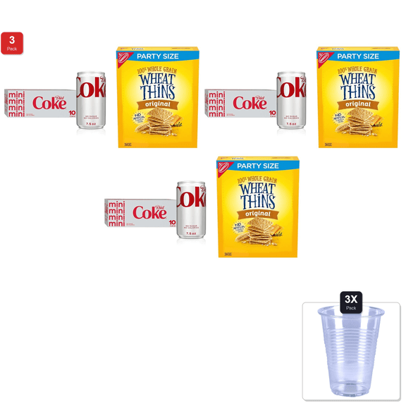 3 Pack | Diet Coke Mini Soda Soft Drinks 7.5 Fl Oz 10 Pack And Wheat Thins Whole Grain Wheat Crackers Party Size, Snack Variety Pack & 3x 9oz Disposable Plastic Cups