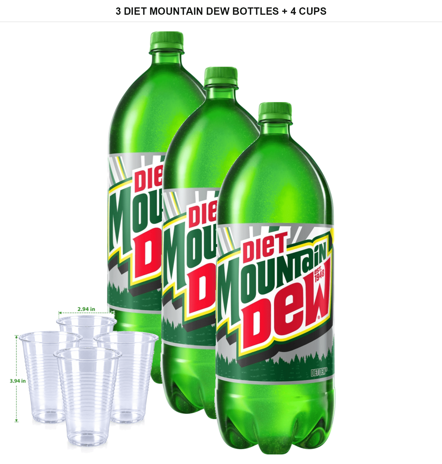 3 Pack | Diet Mountain Dew Soda, 3 Bottles, 2 L Each with 4x Disposable ...