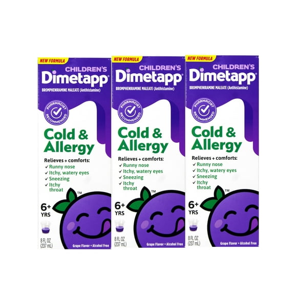 3 Pack - Childrens Dimetapp Cold & Allergy Liquid Grape Flavor, Alcohol-Free, 8 fl oz