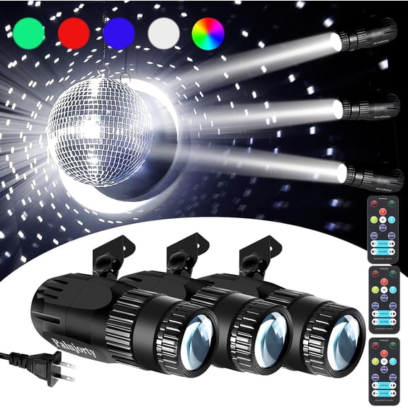 3 Pack Disco Ball Spotlight, 15W RGB Pinspot Light with Remote, 320 Rotation, 10+ Color Effects, 65" Cord for Ceiling, Stage, Club, Party