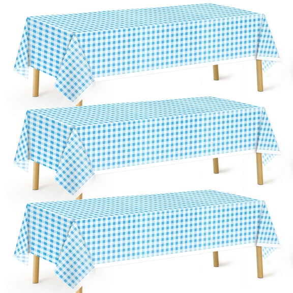 3-Pack Disposable Blue Gingham Plastic Tablecloths
