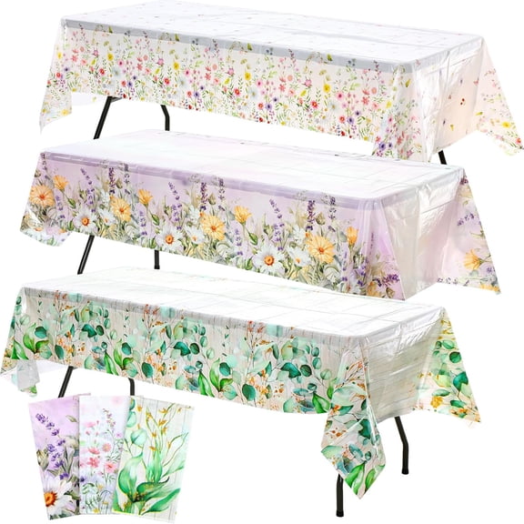 3-Pack Disposable Plastic Rectangular Tablecloths Wildflowers Lavender Sage Green 54 x 108 Inches for Picnic Wedding Birthday Tea Party Decorations