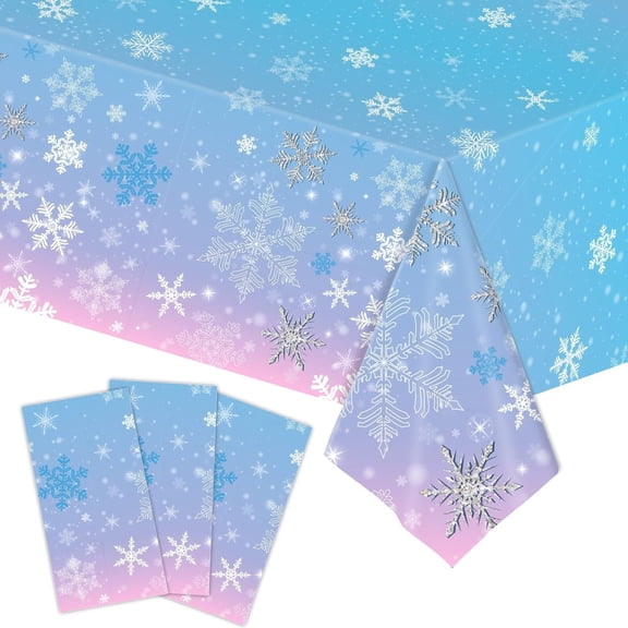 3-Pack Disposable Plastic Tablecloths, Winter Snowflake Blue Purple, 54x108 Inch for Holiday Party