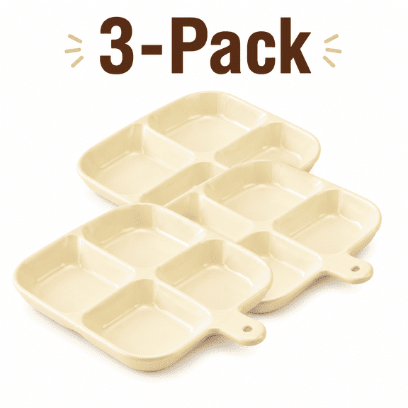 3-Pack Divided Serving Plates with Handle, Plastic Snack & Side Dish Tray Organizer, Multi-Compartment Food Plates for Home Dining