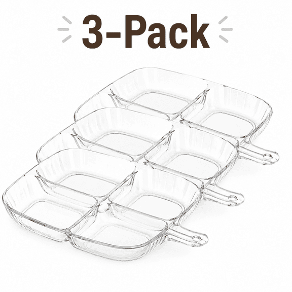 3-Pack Divided Serving Plates with Handle, Plastic Snack & Side Dish Tray Organizer, Multi-Compartment Food Plates for Home Dining