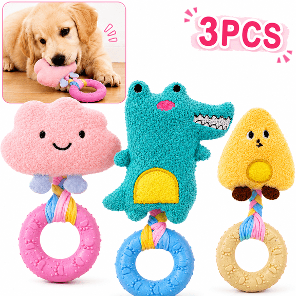 3 Pack Puppy Chew Toys for Small Dogs, Plush Squeaky Dog Toys with Teething Rings, Interactive Crinkle Tug Toys for Biting, Chewing, Boredom Relief and Indoor Play