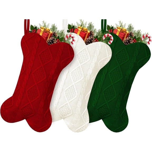 3 Pack Dog Christmas Stocking, 18 Inch Large Double Side Knitted Christmas Stocking for Dogs, Bone Shaped Hanging Dog Stocking for Dogs Pets