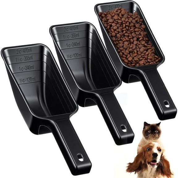 3 Pack Dog Pet Scoop with Measuring Lines, 2 Cup Plastic Scoop Measuring Food Cup for Pet Puppy and Cat Accurate Food Portions, Black
