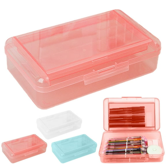 3 Pack Double Layer Hard Pencil Cases, Translucent Plastic Pencil Boxs with Snap-Tight Lid, Easy Access, Anti-Slip Thick Bottom, Durable Storage Box for Stationery Craft Small Items, Blue+Red+White
