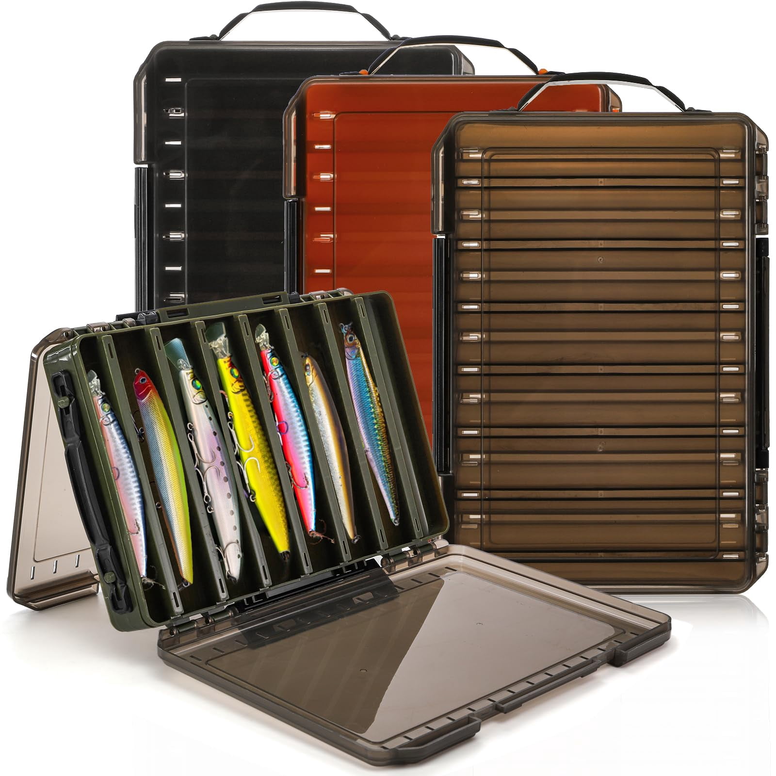 3 Pack Double Sided Fishing Lure Boxes  14 Compartments Tackle Organizer With 2 Buckle Plastic Clear Storage Case Visible Hard Bait Container For Beads Earring Hook(3 Color)