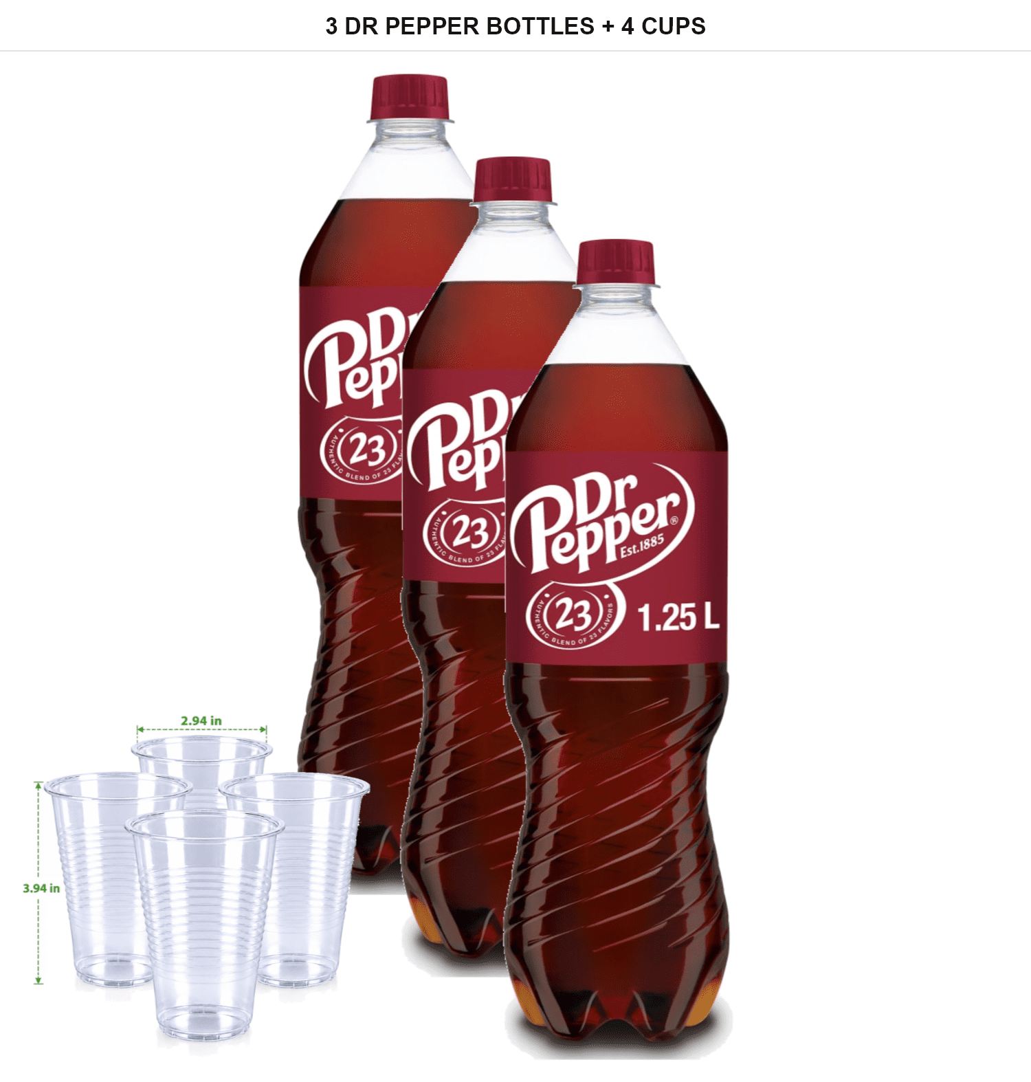 3 Pack | Dr Pepper Soda, 3 Bottles, 1.25 L Each with 4x Disposable Cups ...
