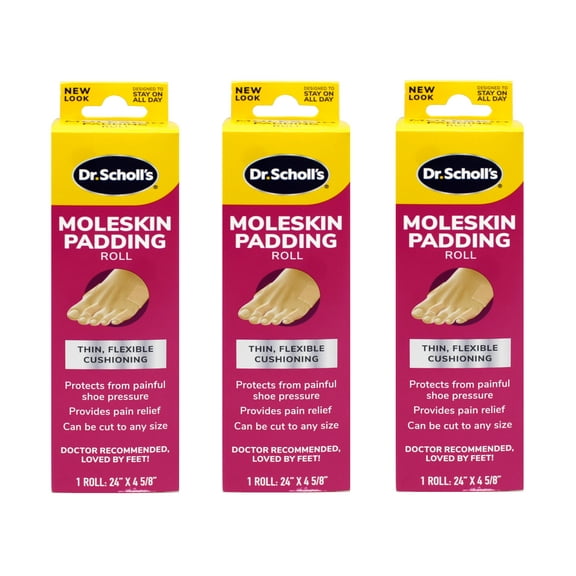 3 Pack - Dr. Scholl's Moleskin Padding ROLL, 1 roll // Thin, Flexible Cushioning & Pain Relief - Cut to Any Size - 24 Inches X 4 5/8 Inches