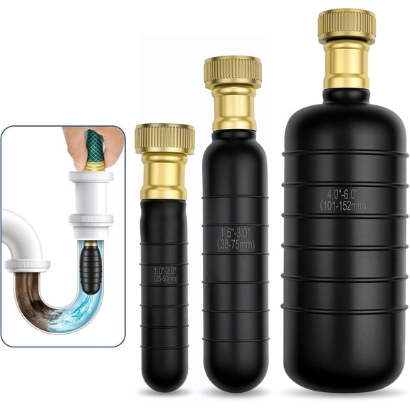 3 Pack Drain Bladder Kit, Rubber Drain Cleaning Bladder Fits 16 Pipes, Unclogger for Sinks, Showers, Bathtubs, Pools, Main Drains & Outdoor Sewer Lines