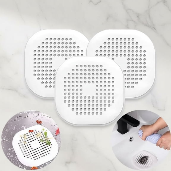 3 Pack Drain Cover Hair Catcher Pad, Silicone Tube Trap Shower with Sucker for Bathroom Kitchen, Flat Square Rubber Strainer Plug Filter Bathtub Sink Home Drain Protectors, White