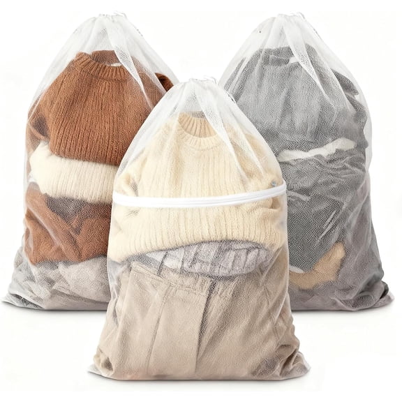 3 Pack Drawstring Mesh Laundry Bags 23 x 34 Inches Large Heavy Duty Laundry Net Bag Drawstring Bag for Breathable Mesh for Delicates Protect Clothes in Washing Machine Travel Dorm Sports Family White