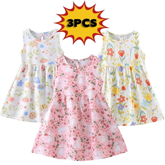 3 Pack Dresses for Girls Easter Outfits - Toddler Girl Summer Dresses - Kids Cute Floral Print Sleeveless Ruffle Pleated A-Line Casual Sundress , Style BY-149, Y-5-3pcs, 3T