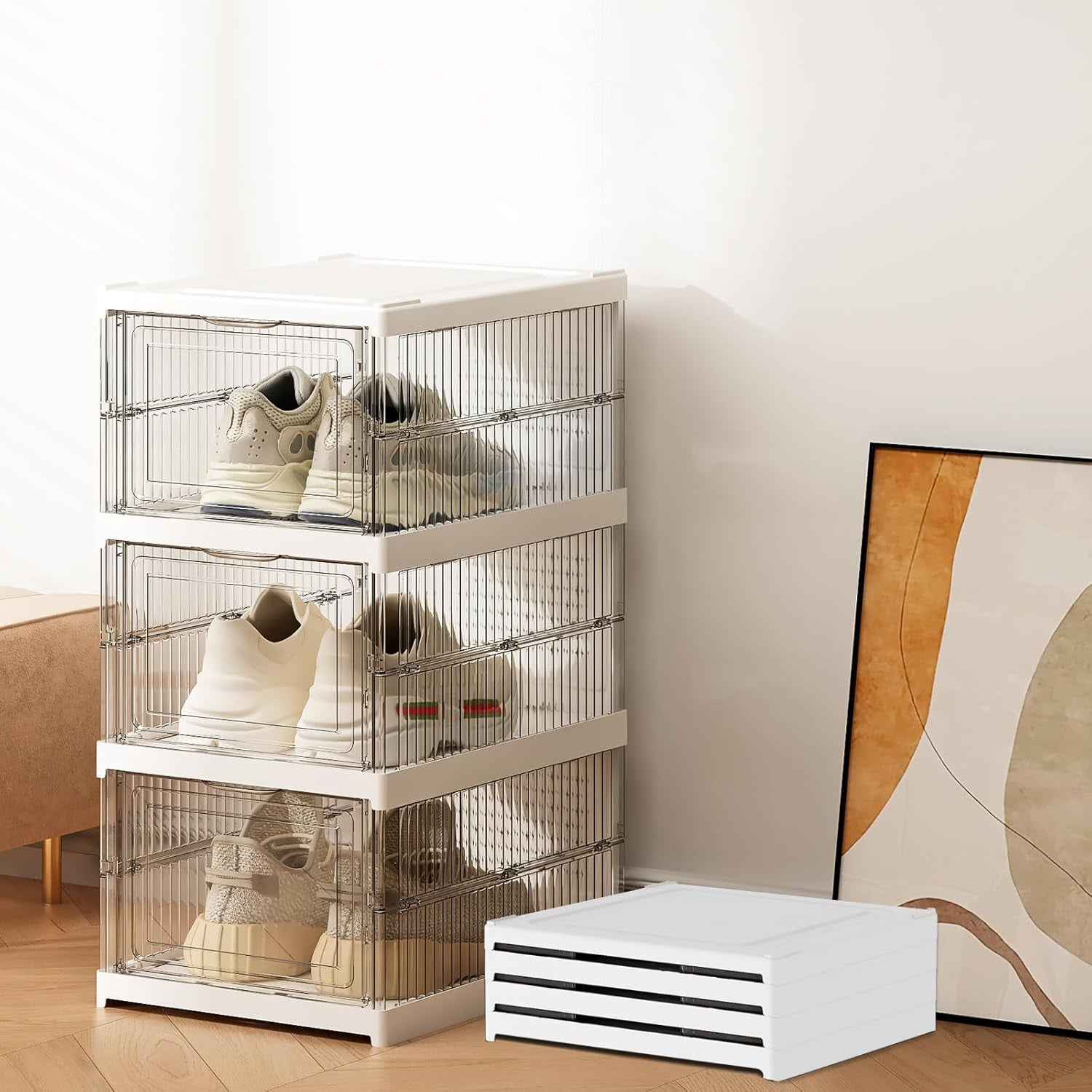 3 Pack Drop Front Shoe Storage Box, No Assembly Stackable Shoe ...